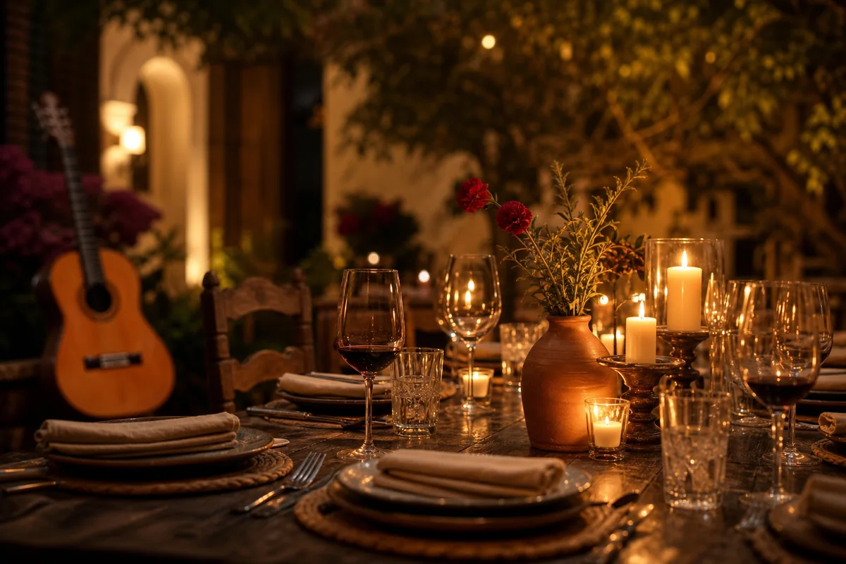Candlelit private dinner table prepared for an intimate flamenco evening