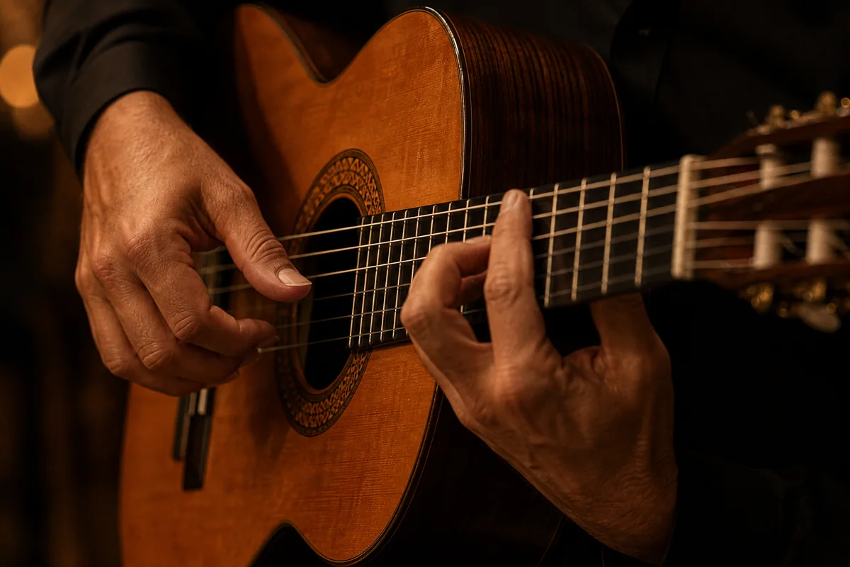 Close-up of hands playing flamenco guitar strings in warm light