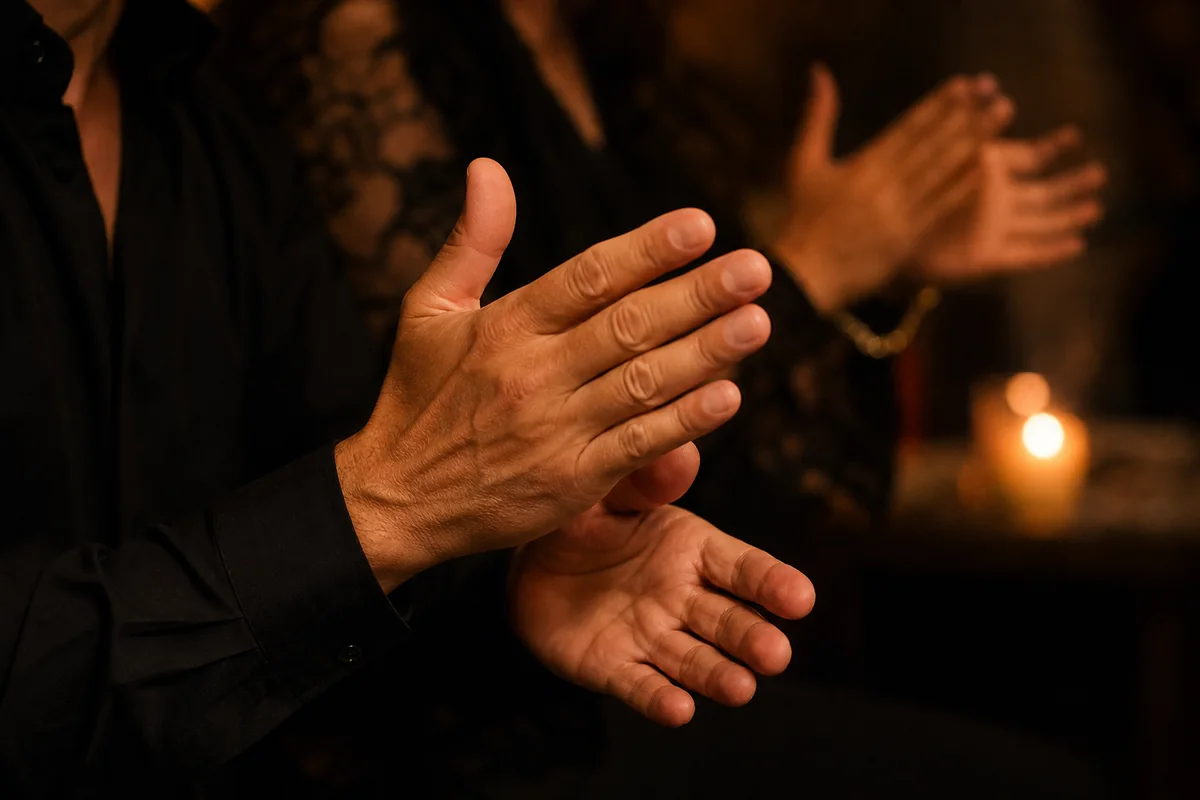 Close-up of hands doing palmas in warm candlelight