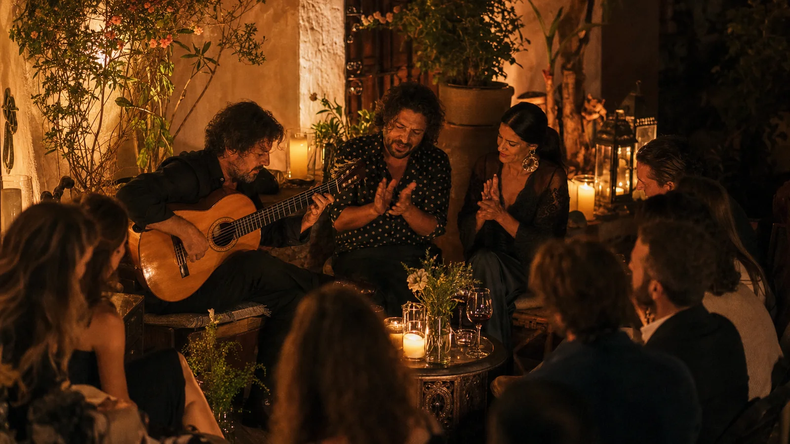 Guests seated close to flamenco artists during an intimate candlelit evening